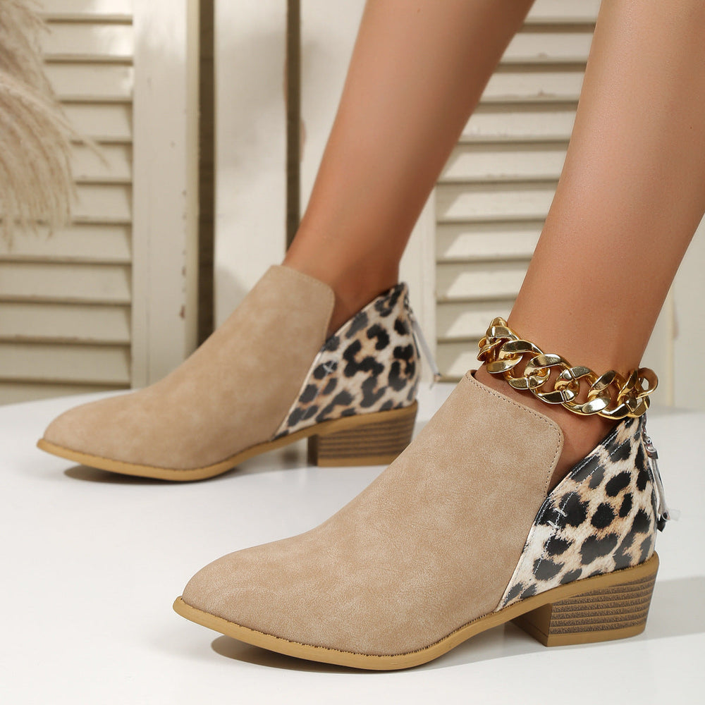 Women's Black Animal Print Ankle Boots in Khaki