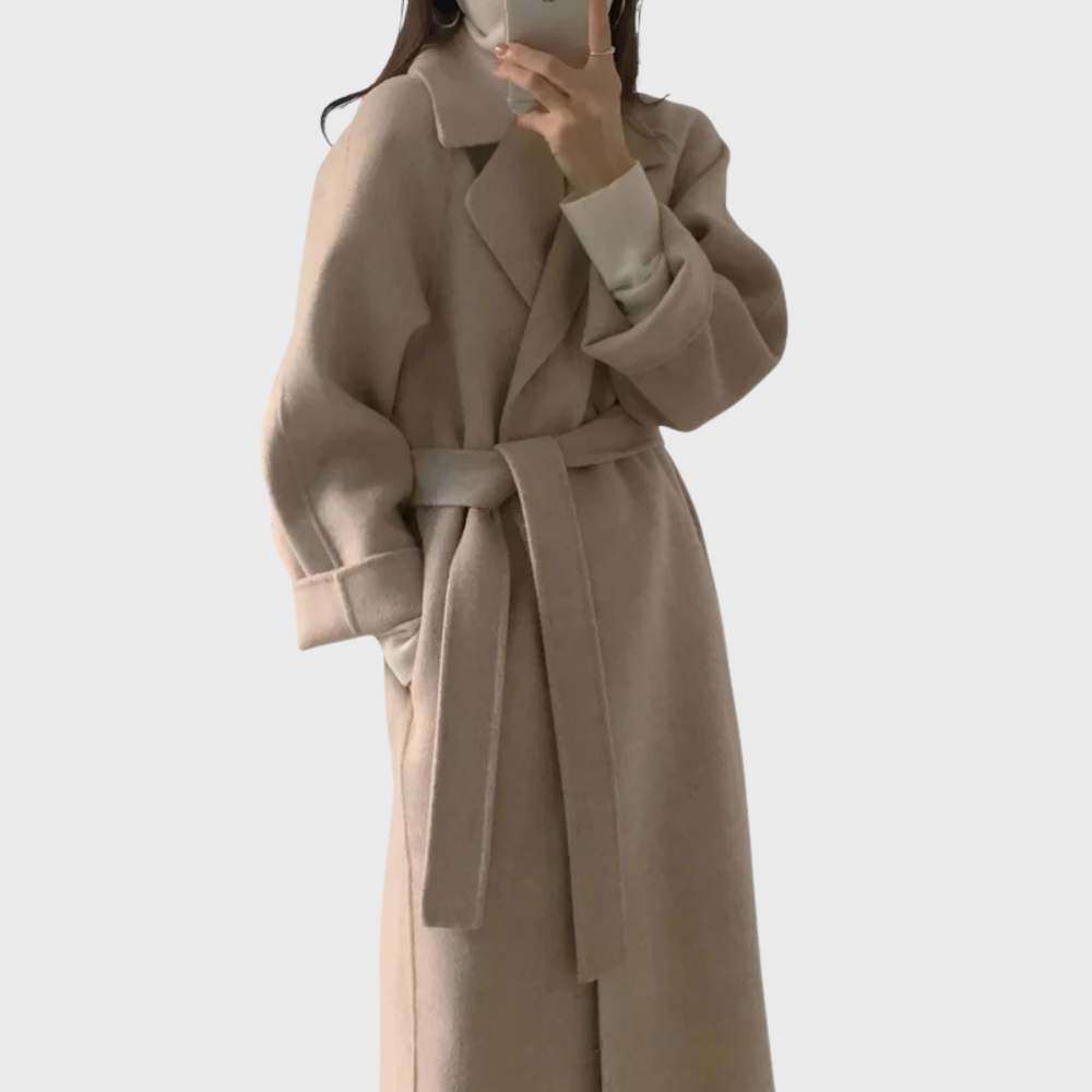 Women's Black Coat with Tie Belt for Autumn in Apricot
