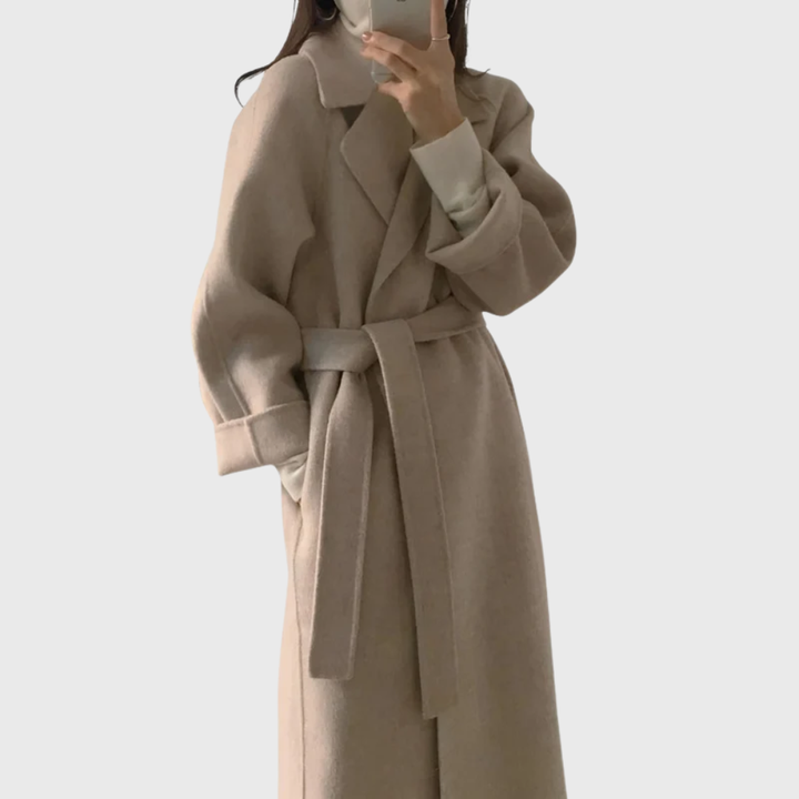 Women's Black Coat with Tie Belt for Autumn in Apricot