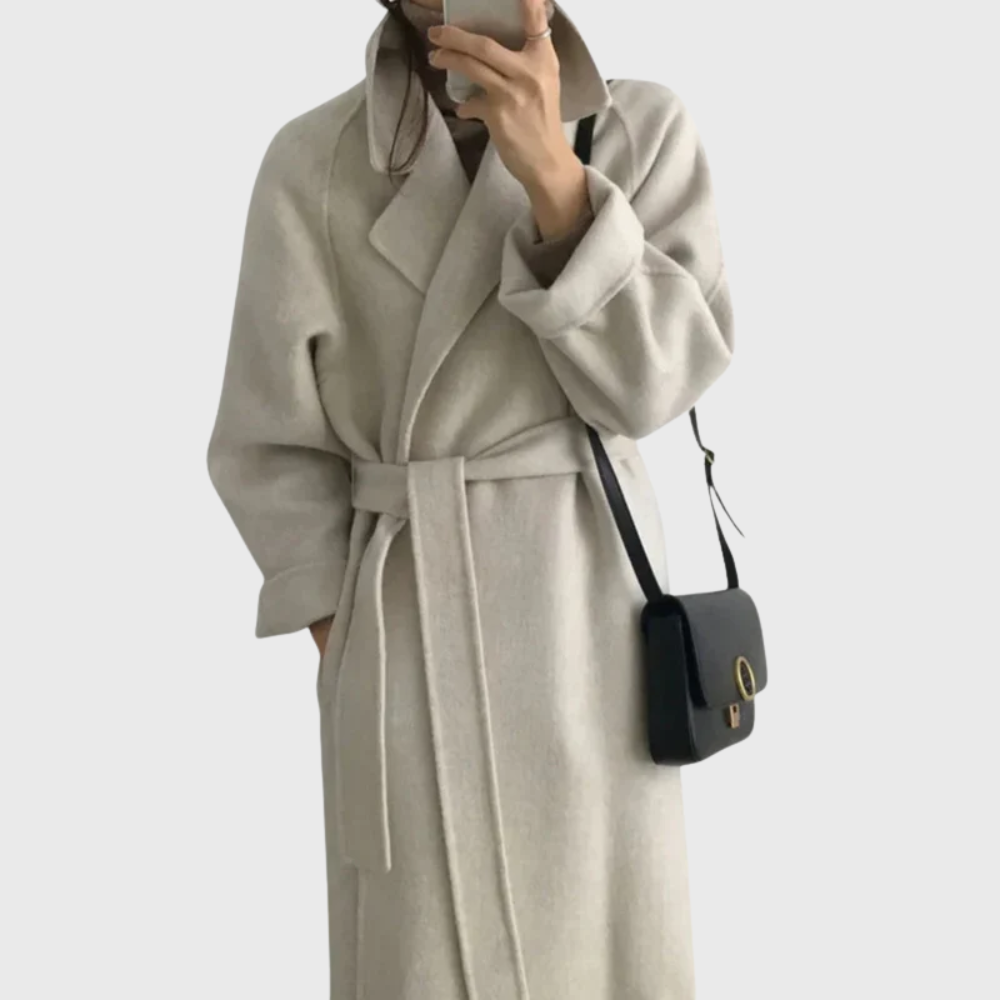 Women's Black Coat with Tie Belt for Autumn in Beige