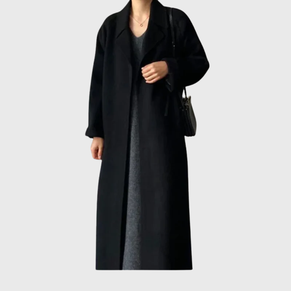 Women's Black Coat with Tie Belt for Autumn in Black