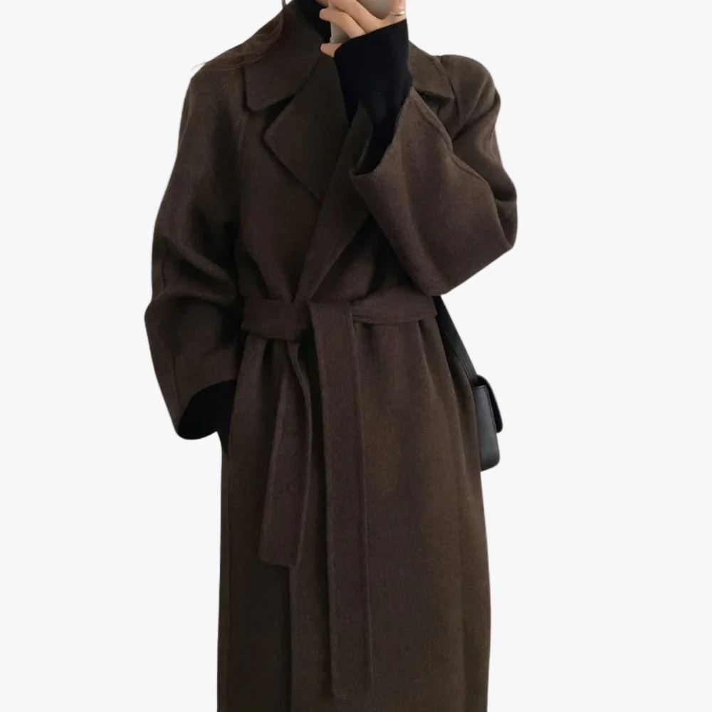 Women's Black Coat with Tie Belt for Autumn in Brown