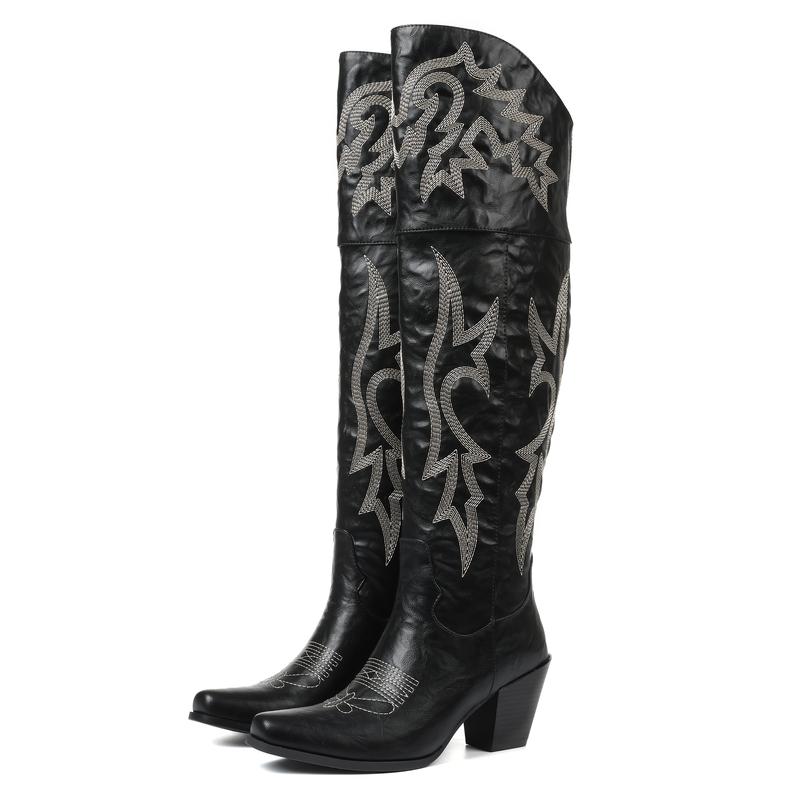 Women's Black Cowboy-Style Knee High Boots in Black