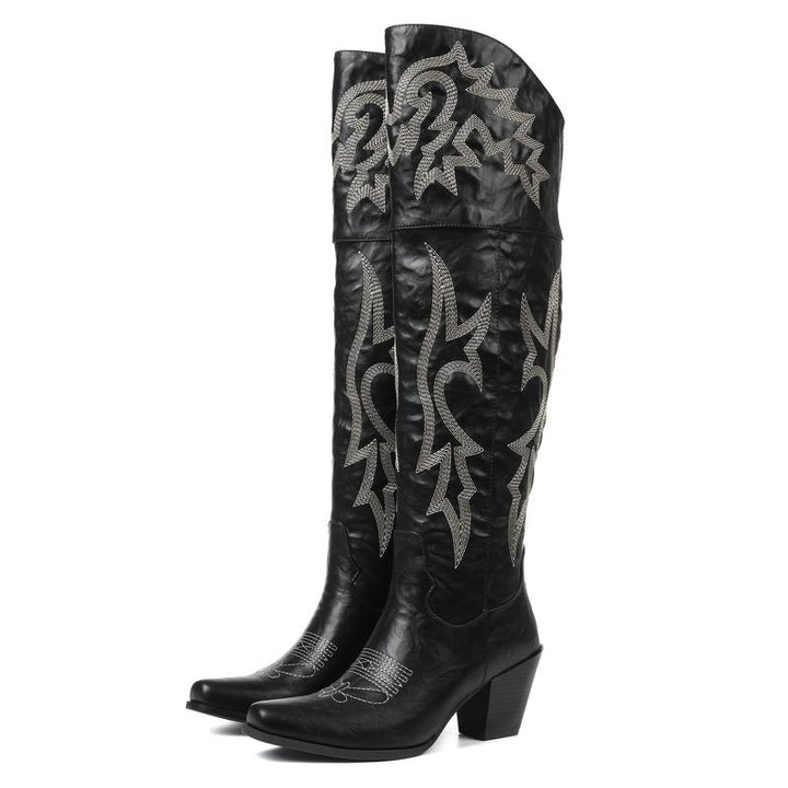 Women's Black Cowboy-Style Knee High Boots in Black