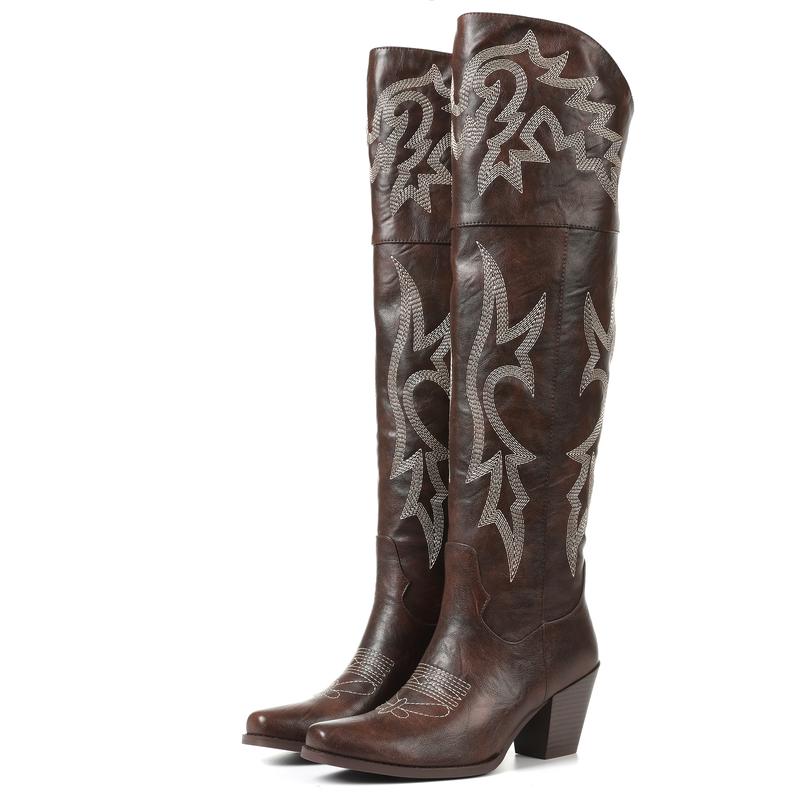 Women's Black Cowboy-Style Knee High Boots in Brown
