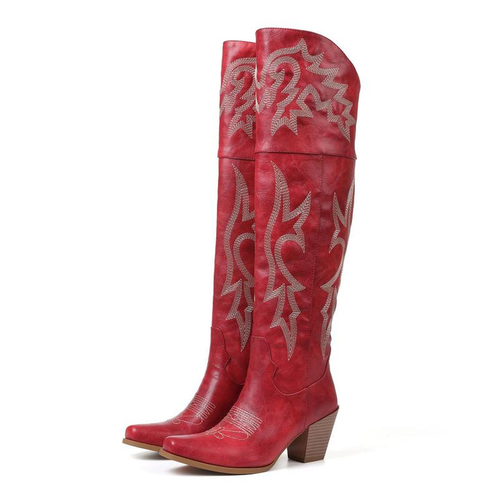 Women's Black Cowboy-Style Knee High Boots in Red
