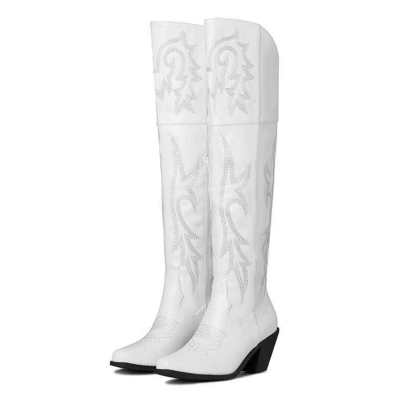 Women's Black Cowboy-Style Knee High Boots in White