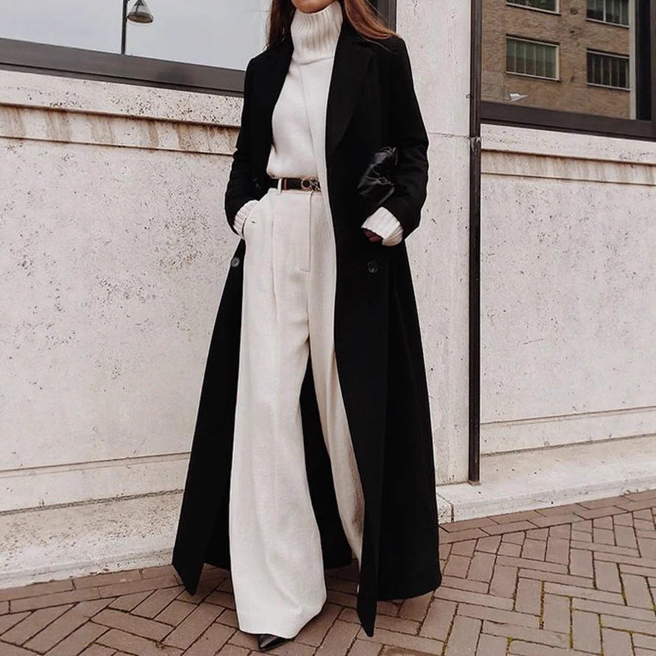 Women's Black Double-Breasted Longline Structured Coat