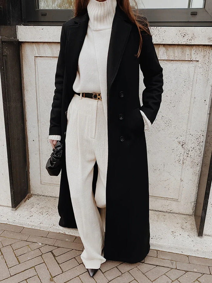 Women's Black Double-Breasted Longline Structured Coat in Black