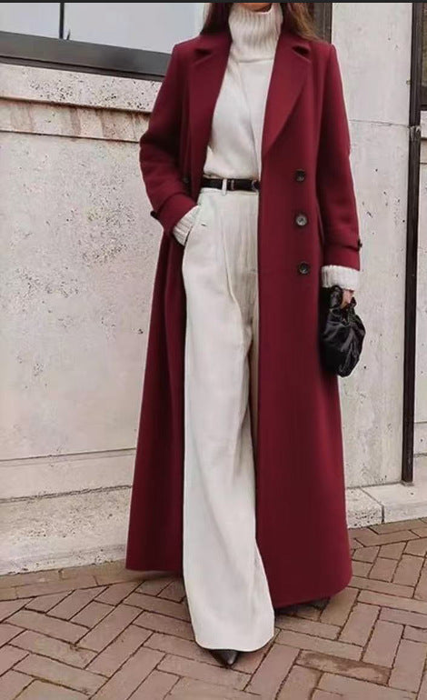 Women's Black Double-Breasted Longline Structured Coat in Burgunder