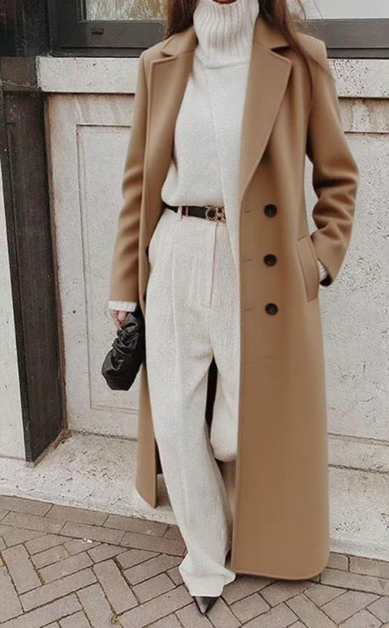 Women's Black Double-Breasted Longline Structured Coat in Khaki