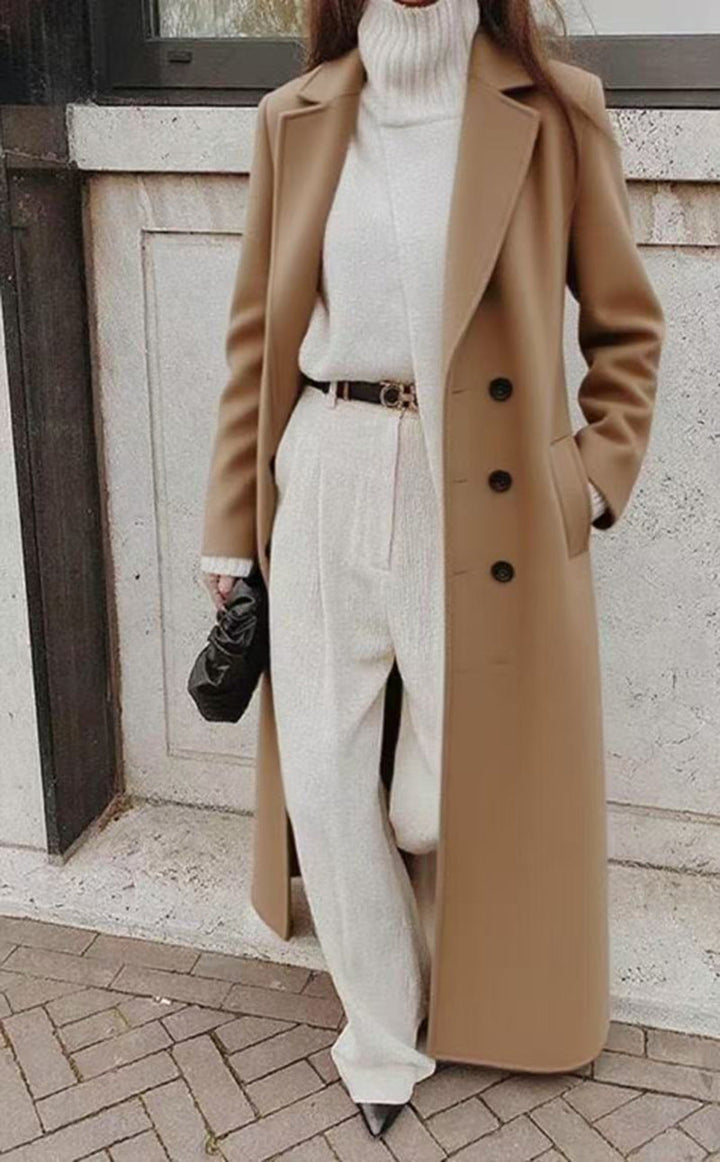 Women's Black Double-Breasted Longline Structured Coat in Khaki