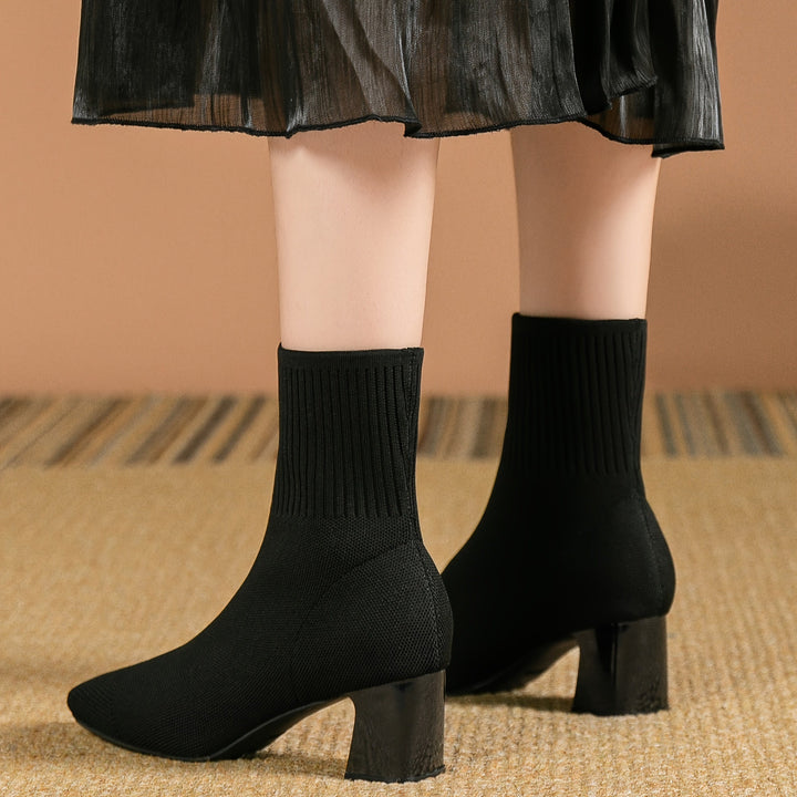 Women's Black Elastic Knit Knee High Boots in Black