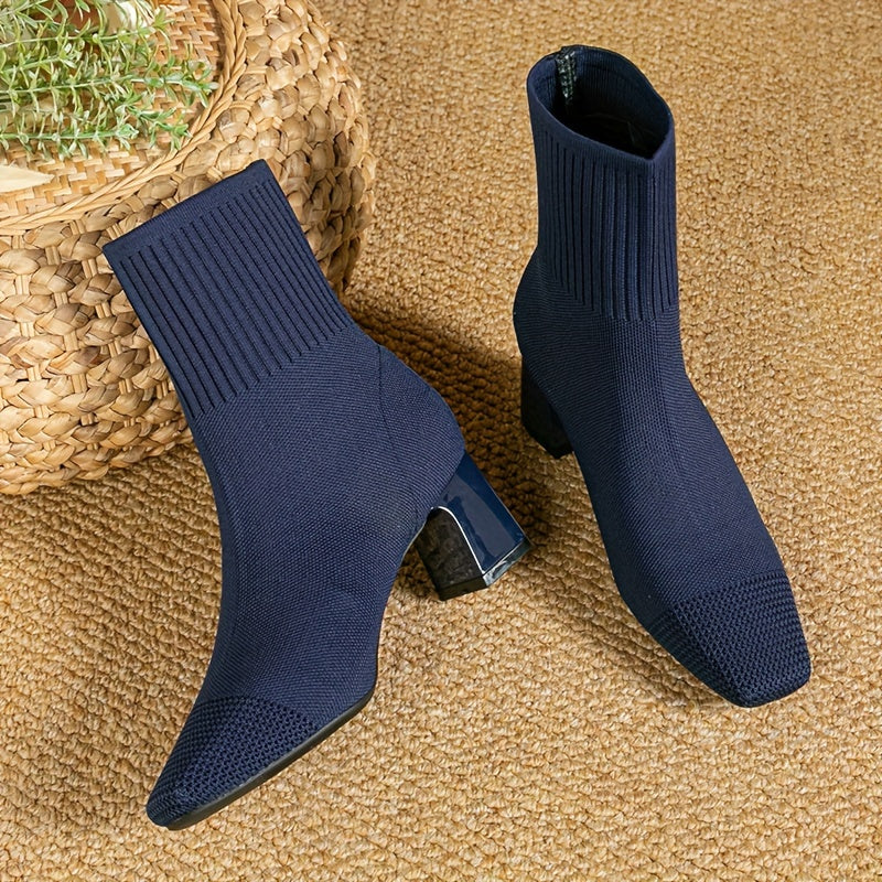 Women's Black Elastic Knit Knee High Boots in Blue