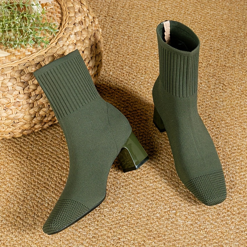 Women's Black Elastic Knit Knee High Boots in Green