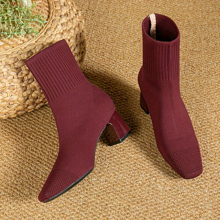Women's Black Elastic Knit Knee High Boots in Red