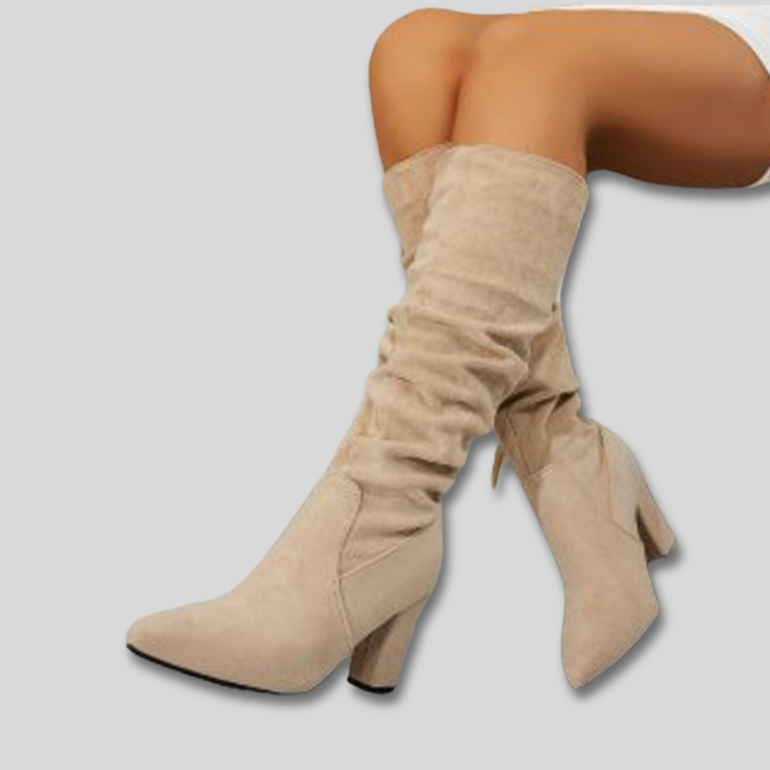 Women's Black Knee High Boots in Suede in Beige