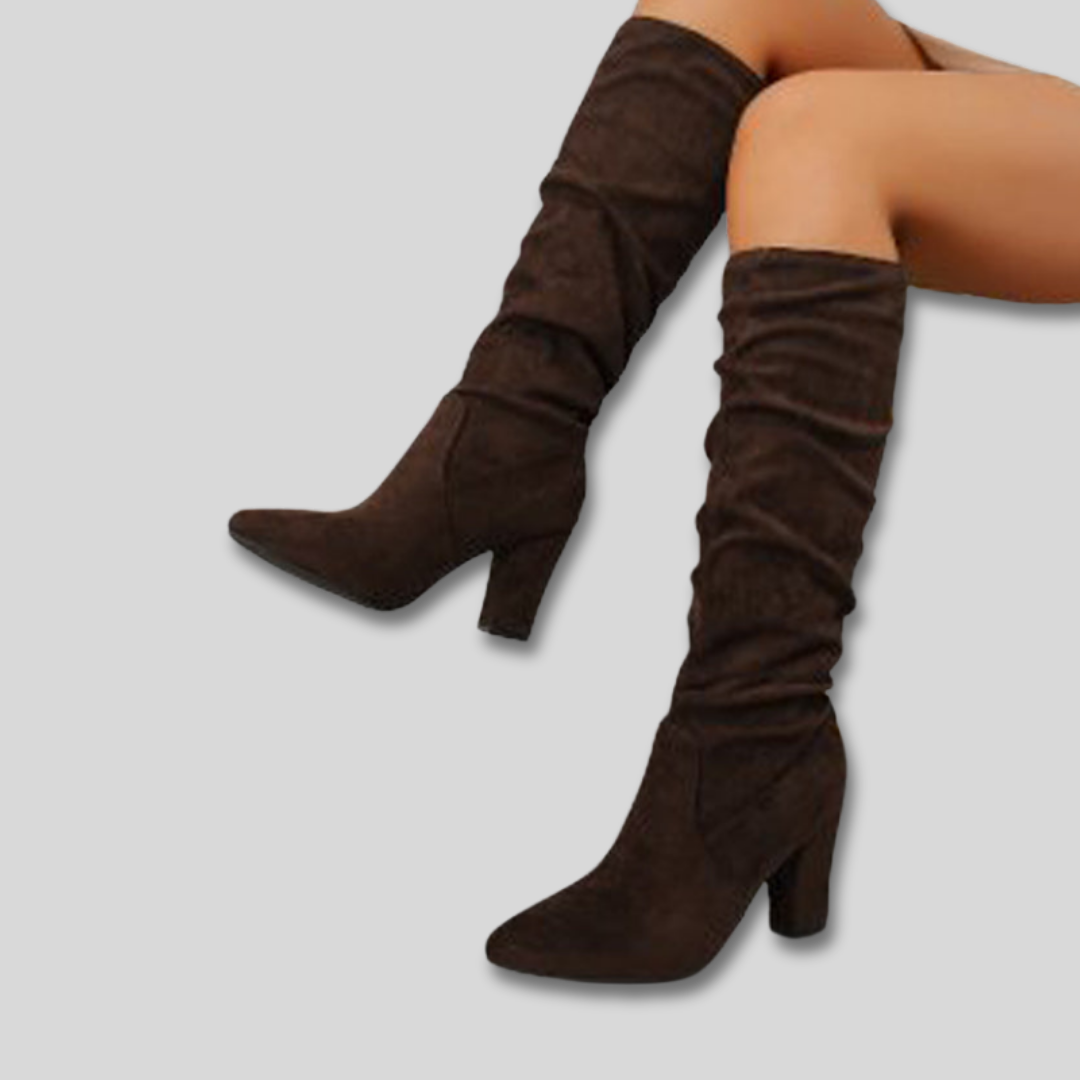 Women's Black Knee High Boots in Suede in Dark Brown