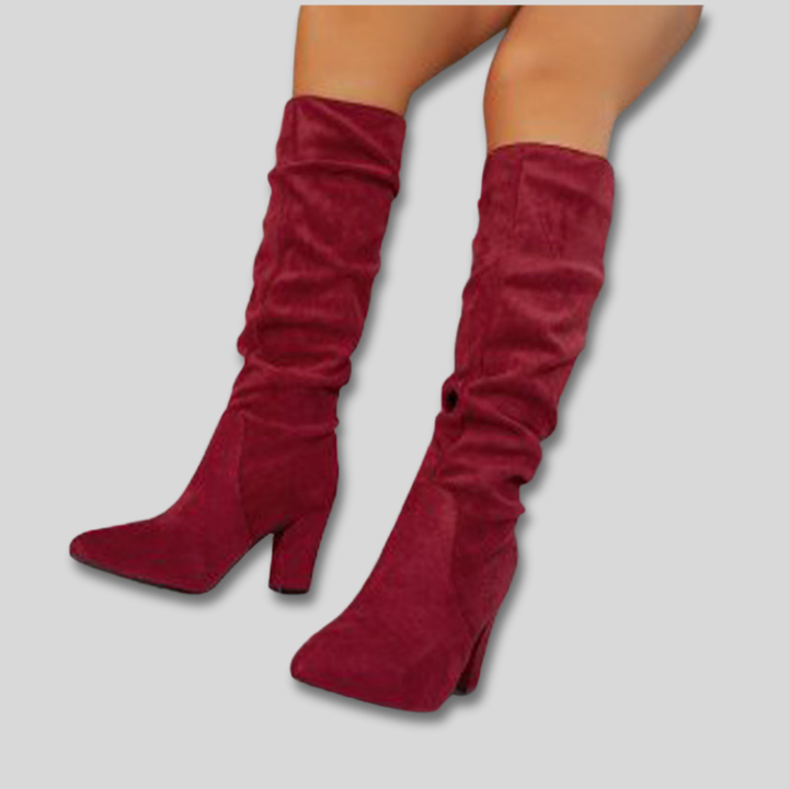 Women's Black Knee High Boots in Suede in Red