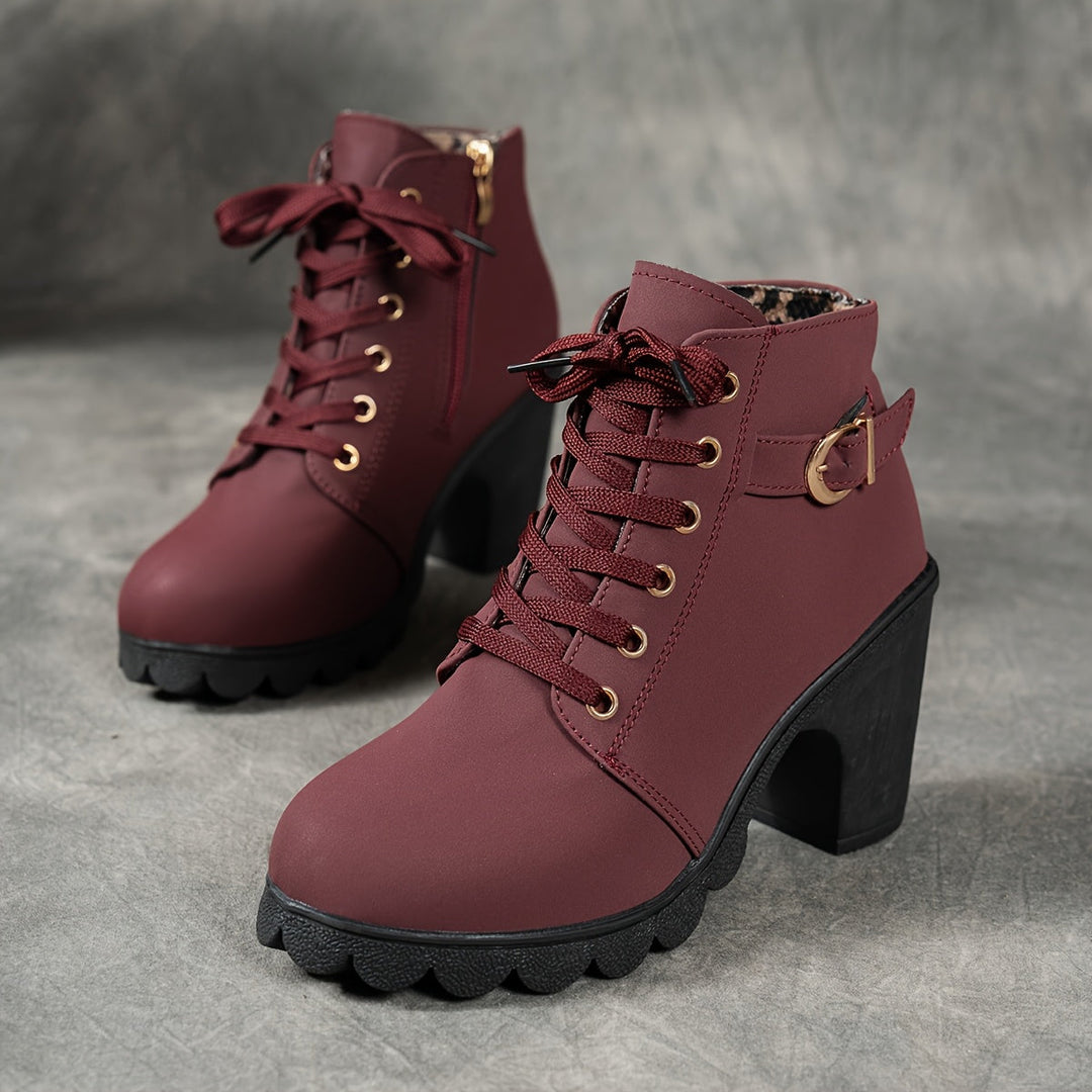 Women's Black Knee High Boots with Zip in Burgundy