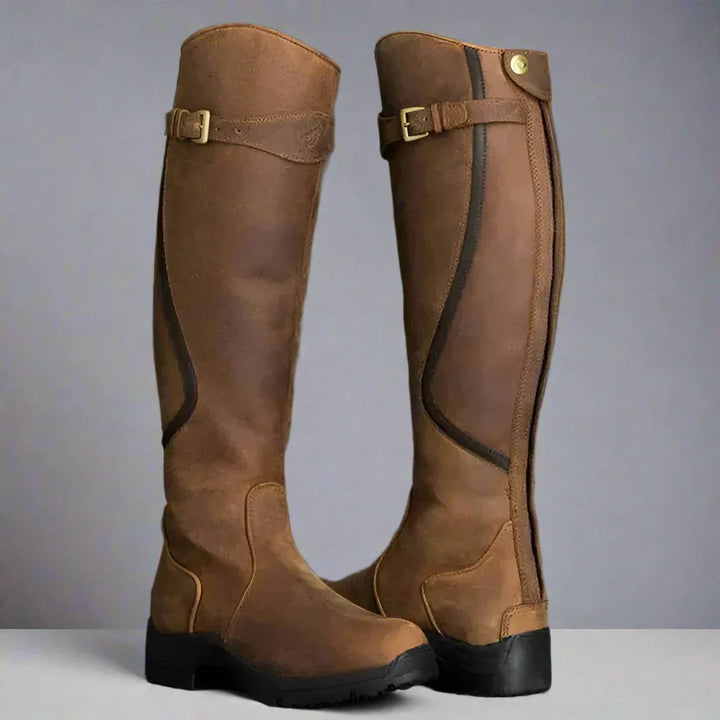 Women's Black Knee-High Riding Boots in Brown