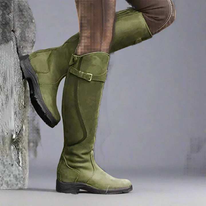 Women's Black Knee-High Riding Boots in Green