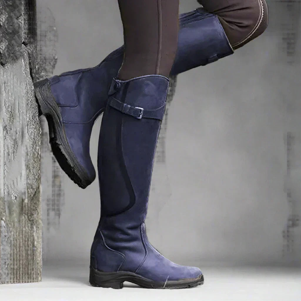 Women's Black Knee-High Riding Boots in Purple