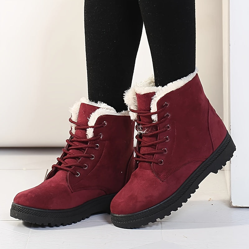 Women's Black Lace-Up Winter Ankle Boots in Red