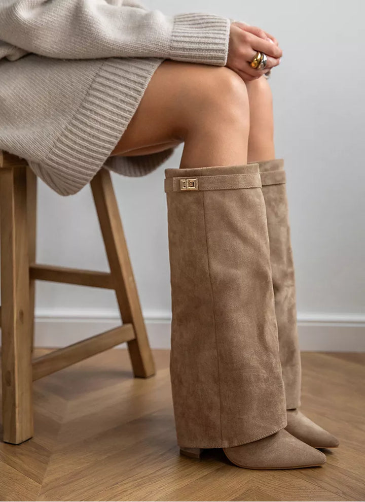 Women's Black Pointed Leather Knee High Boots in Khaki