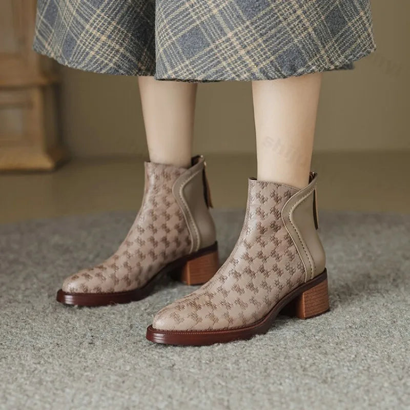 Women's Block Heel Ankle Boots in Vegan Leather in Beige