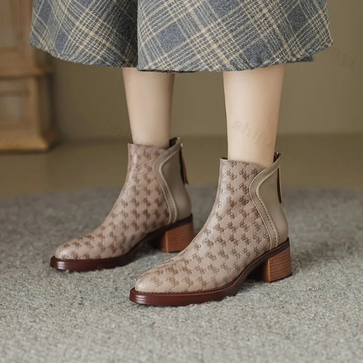 Women's Block Heel Ankle Boots in Vegan Leather in Beige