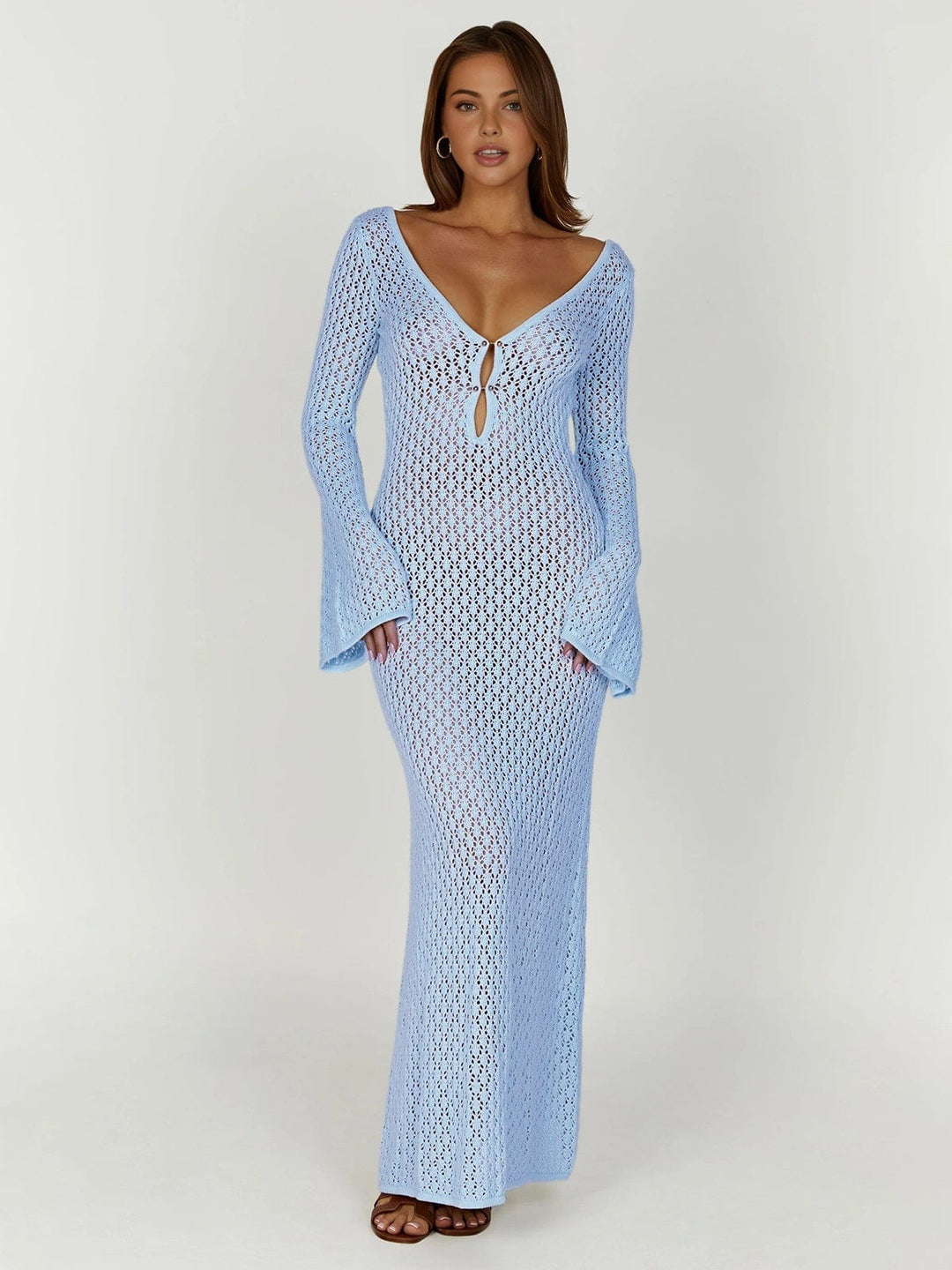Women's Boho Crochet Maxi Summer Dress in Light Blue