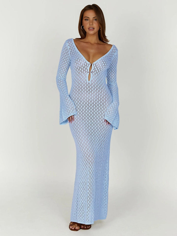 Women's Boho Crochet Maxi Summer Dress in Light Blue