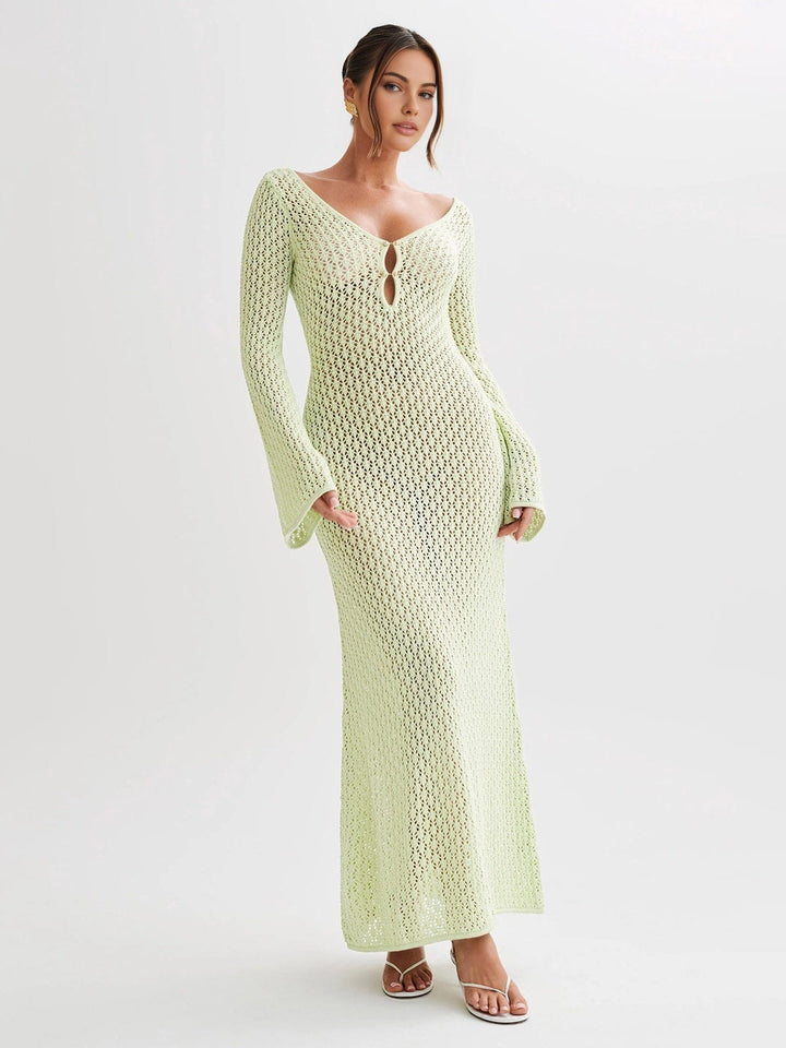 Women's Boho Crochet Maxi Summer Dress in Light Green