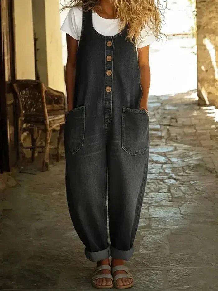 Women's Boho Denim Sleeveless Jumpsuit in Black