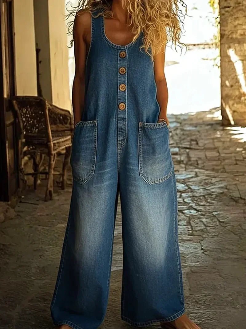 Women's Boho Denim Sleeveless Jumpsuit in Blue