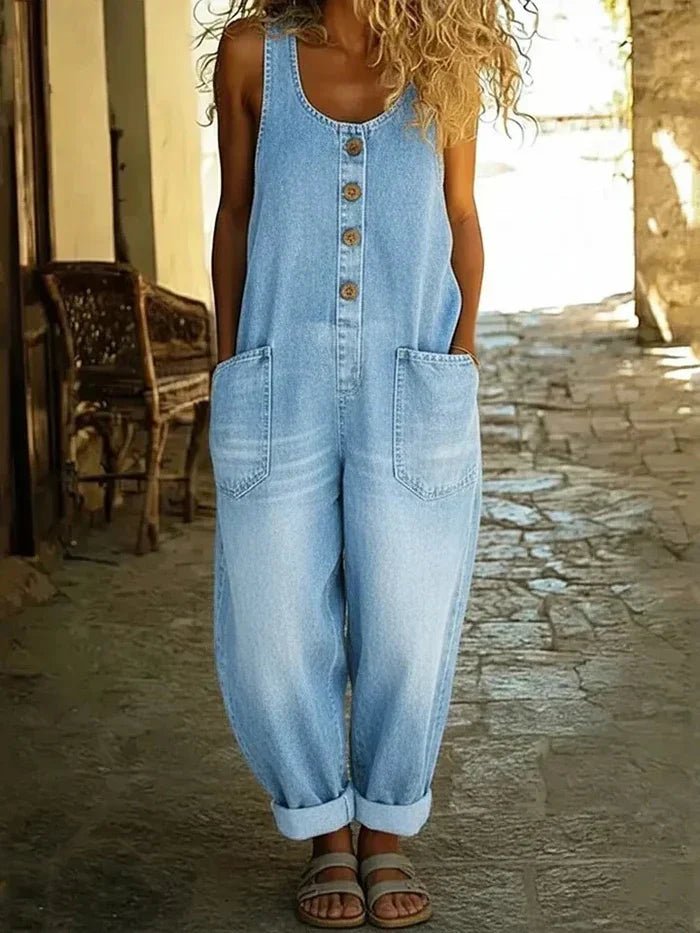 Women's Boho Denim Sleeveless Jumpsuit in Light Blue
