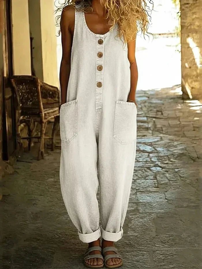 Women's Boho Denim Sleeveless Jumpsuit in White