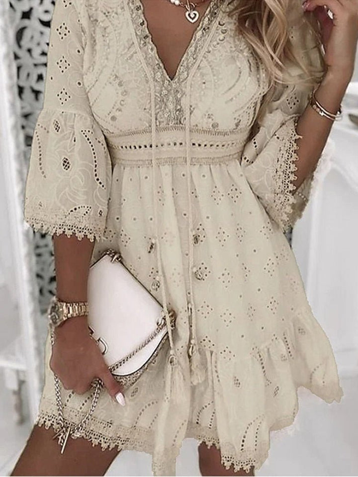 Women's Boho Lace Mini Beach Dress in Beige