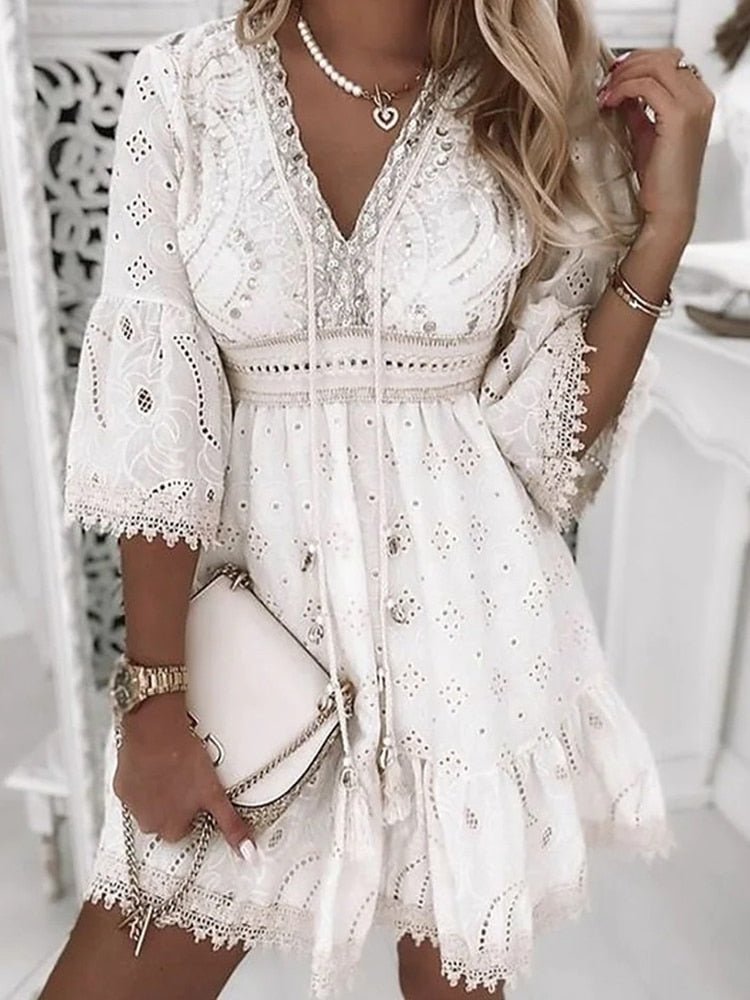 Women's Boho Lace Mini Beach Dress in White