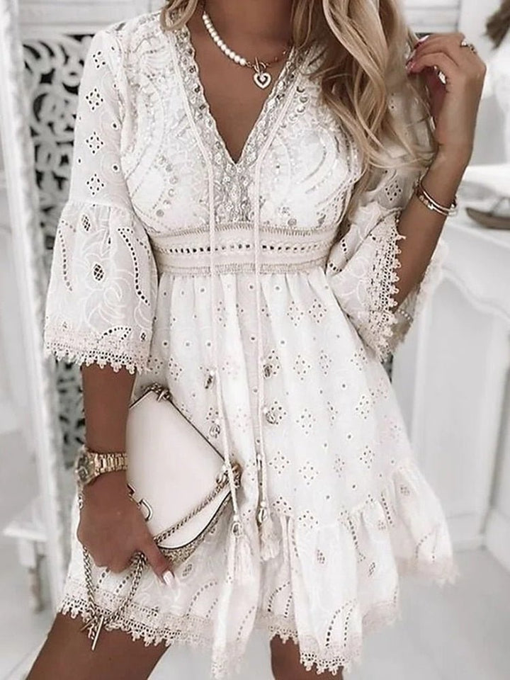 Women's Boho Lace Mini Beach Dress in White