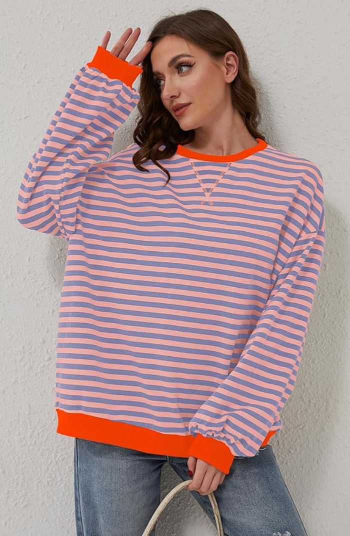 Women's Bold Striped Oversized Pullover in Orange & Blau