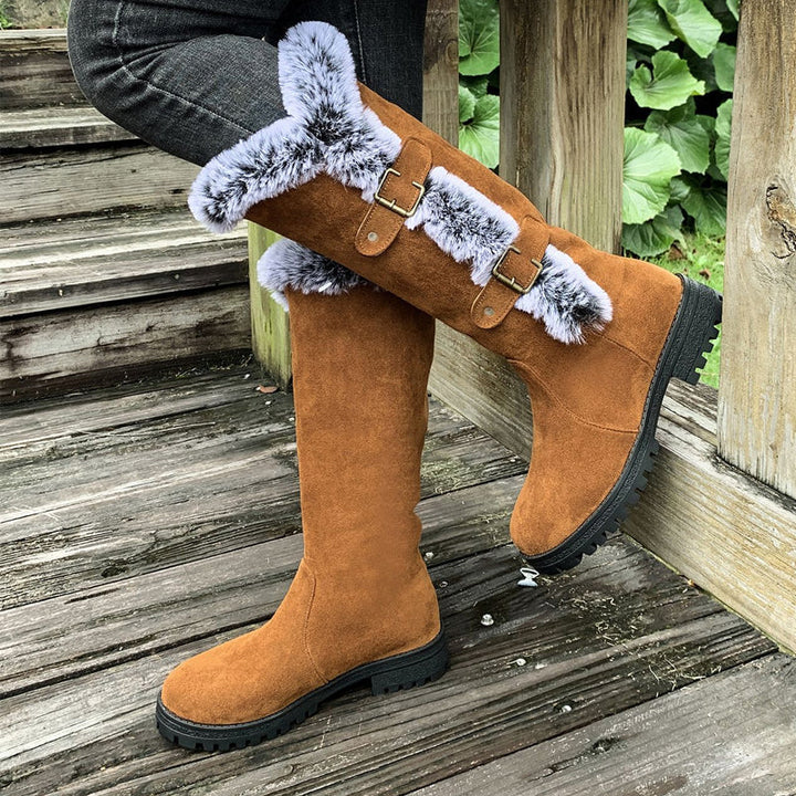 Women's Boots for Autumn with Plush Mid-Calf in Light Brown