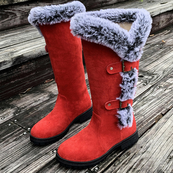 Women's Boots for Autumn with Plush Mid-Calf in Red