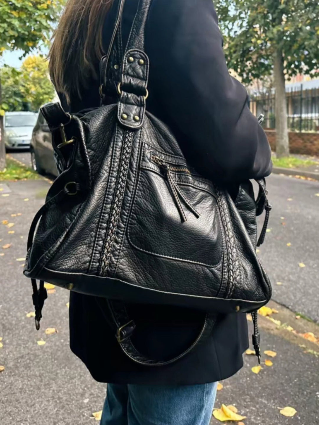 Women's Braided Leather Tote Bag for Everyday Wear in Black 1