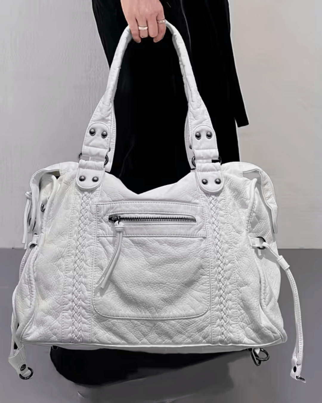 Women's Braided Leather Tote Bag for Everyday Wear in White