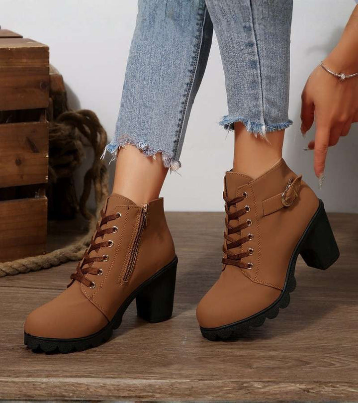 Women's Brown Ankle Lace-Up Boots in Brown