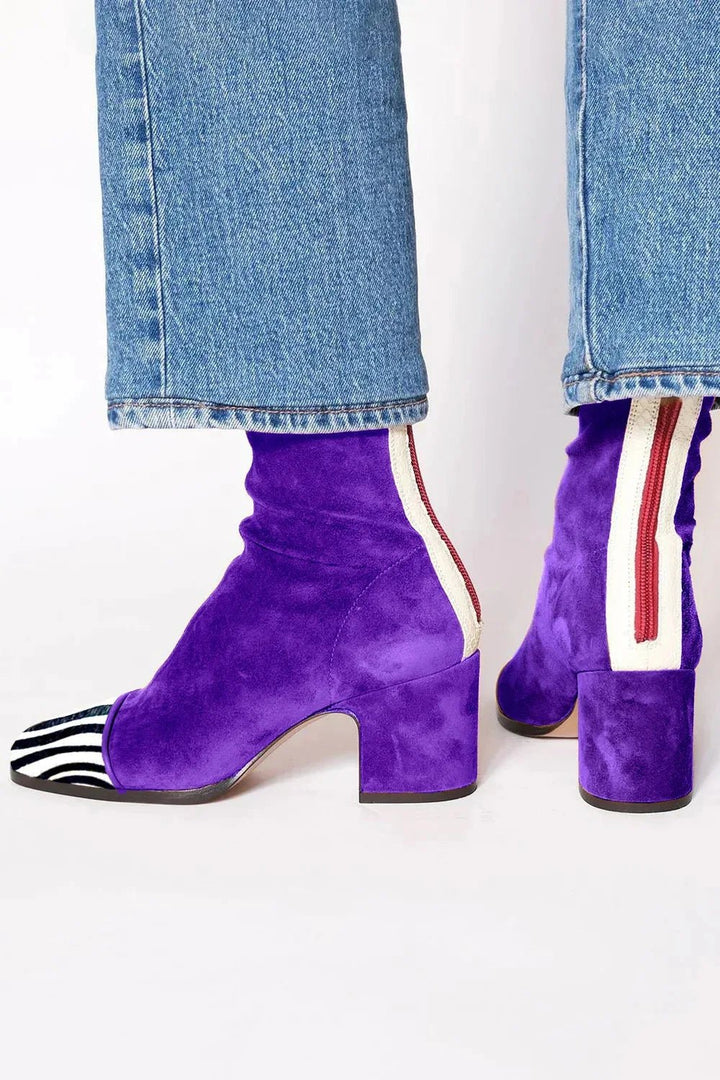 Women's Brown Suede Mid-Calf Boots with Block Heel in Purple