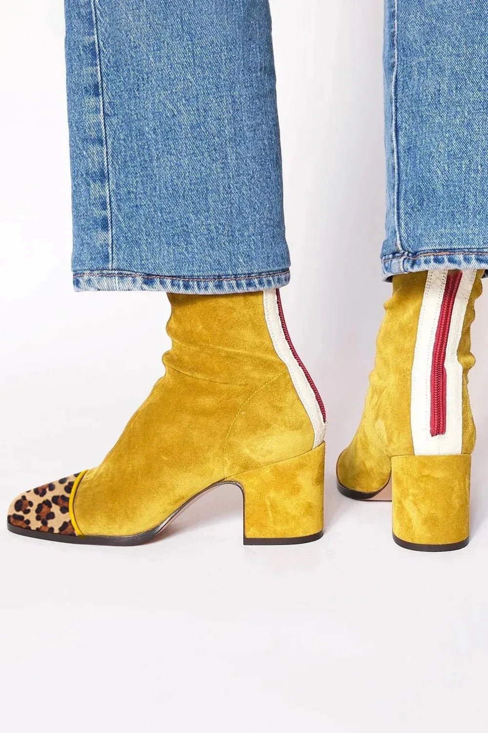 Women's Brown Suede Mid-Calf Boots with Block Heel in Yellow