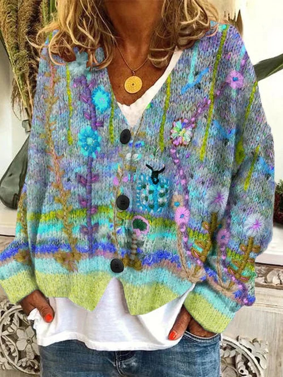 Women's Button-Up Floral Knit Cardigan in Blue